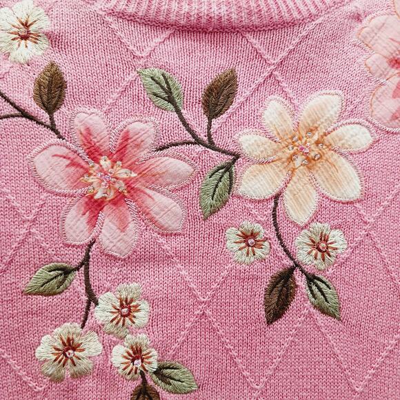 Sweater Size XL Peach Pink Embroidery Bead Bloomcore Grandmacore Applique Floral - Picture 4 of 16